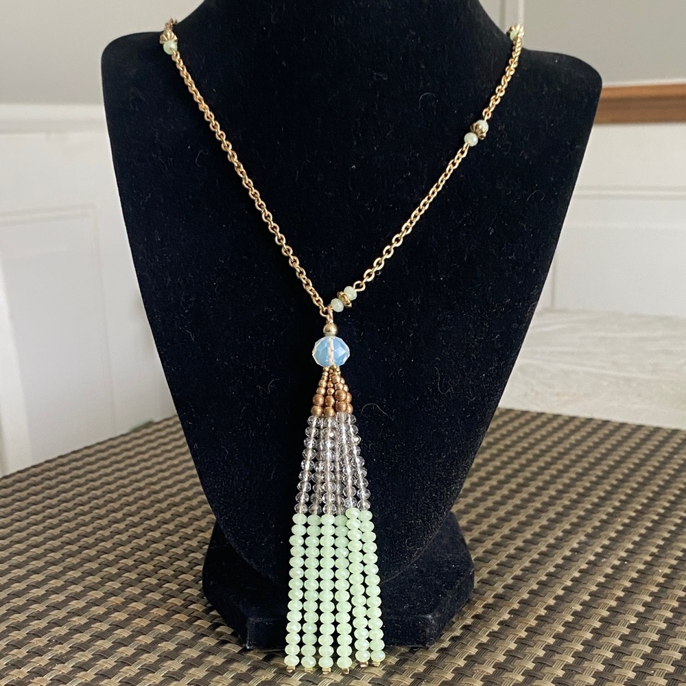 Gold Chain Tassel Necklace with Mint and Crystal Beads